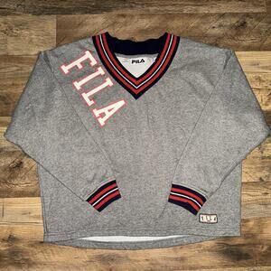 Vintage Y2K Fila V Neck Boxy Crewneck Sweatshirt Size Medium Grey